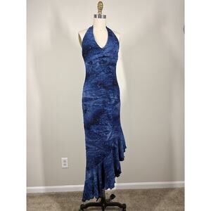 Vintage 90s Y2K Blue Watercolor Maxi Dress Medium Sparkly Stretchy Water Signs